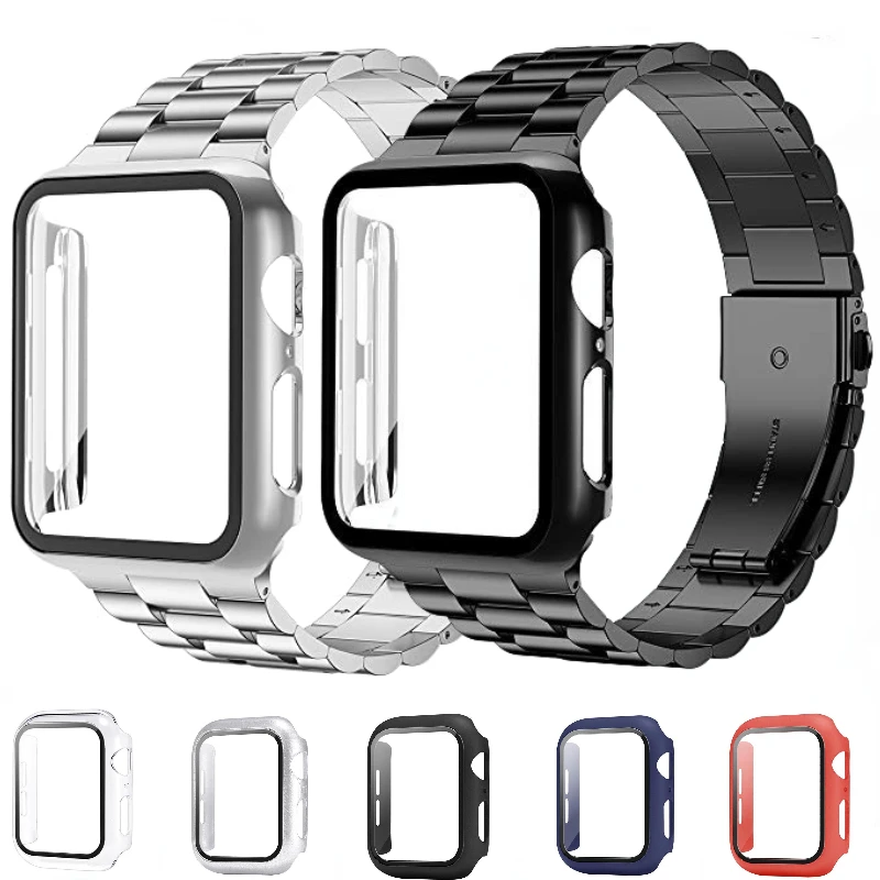 

Metal Band+PC Case For Apple Watch 8 7 45mm 41mm Stainless Steel Bracelet Wristband iWatch 6 5 4 3 SE 44mm 40mm 42mm 38mm Cover