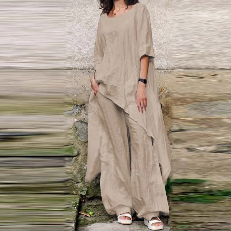 

Spring Pants Set Women's Solid Color Two Piece Fashion Round Neck Casual Loose Top Irregular 3/4 Sleeve Cotton Linen Set Shirt