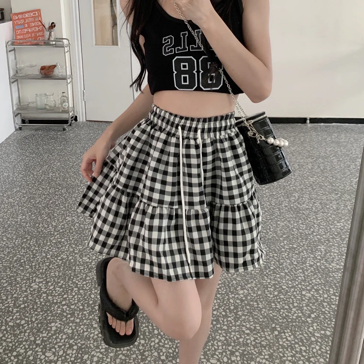 

Korean Style Elastic Waist Plaid Summer Loose A-Line Skirt