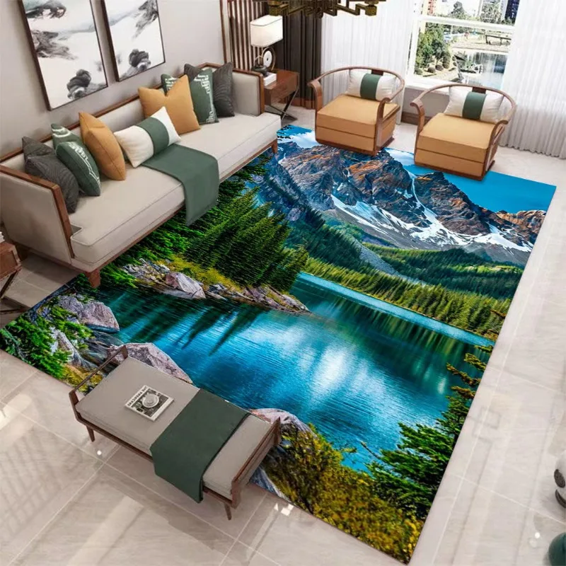 พรมลายภูมิทัศน์ธรรมชาติซานโตรินีและภูเขาหิมะ 3 มิติ สมจริง - พรมตกแต่งบ้านสไตล์โมเดิร์นสำหรับห้องนั่งเล่นและห้องนอน 1