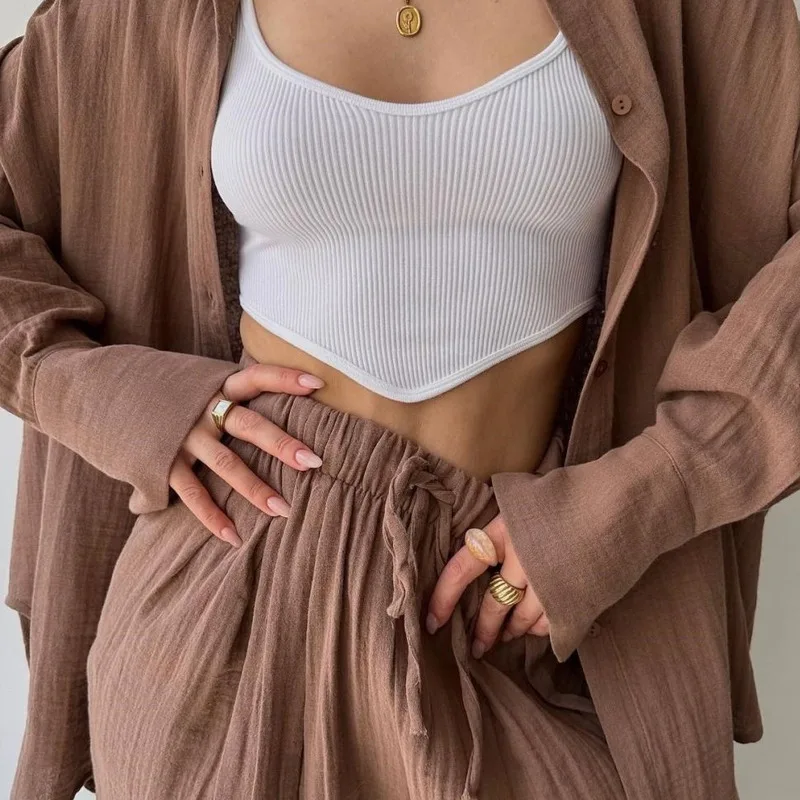 Spring Summer Autumn Thin Solid Color Long Sleeve Sports and Leisure Long Cool Shirt Outside Two Sets European  American Women