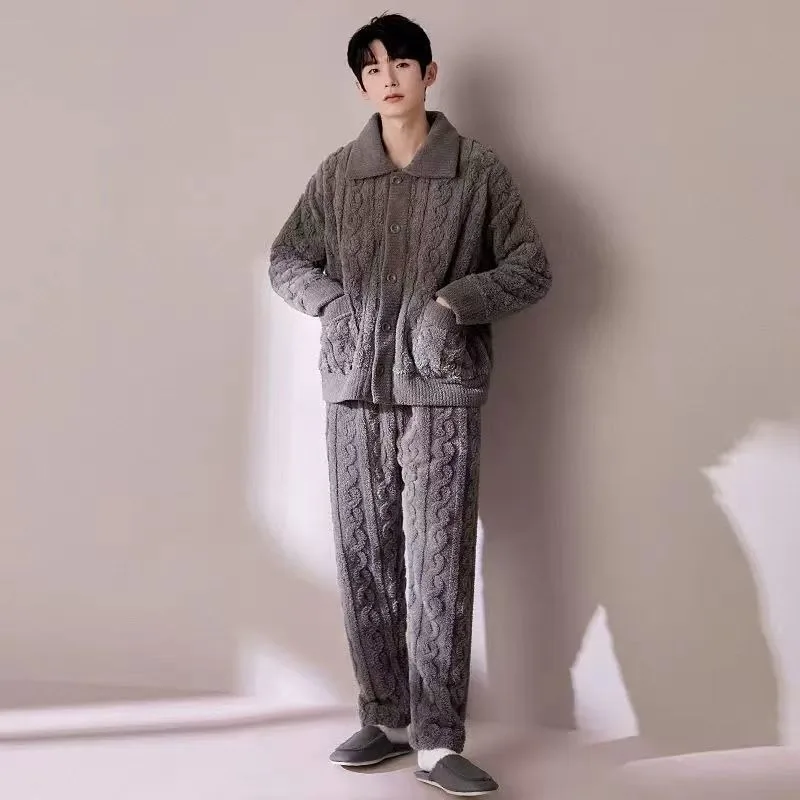 2024 New Coral Fleece Pajamas Men Winter Thickened Loungewear Long Sleeve Fleece Sleepwear Loose Warm Lapel Collar Homewear Set