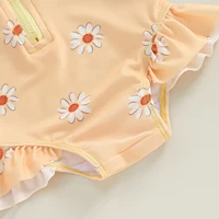 Newborn Baby Girls Swimsuit with Hat Long Sleeve Flower Print Zipped Zipper Jumpsuit Bathing Suit Swimwear for Summer 0-3M 6