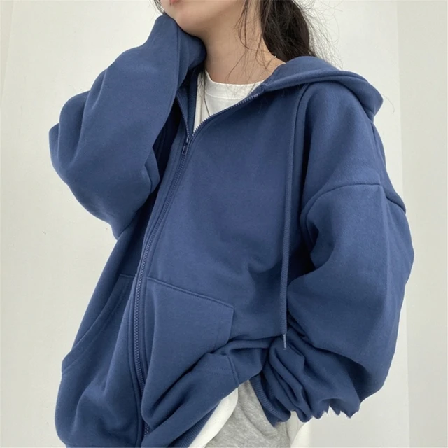 Harajuku Women Sweatshirts Korean Version Oversized Solid Zip Up Hoodies Jacket Retro Long Sleeve Fleece Hooded Sweatshirt Coats 6