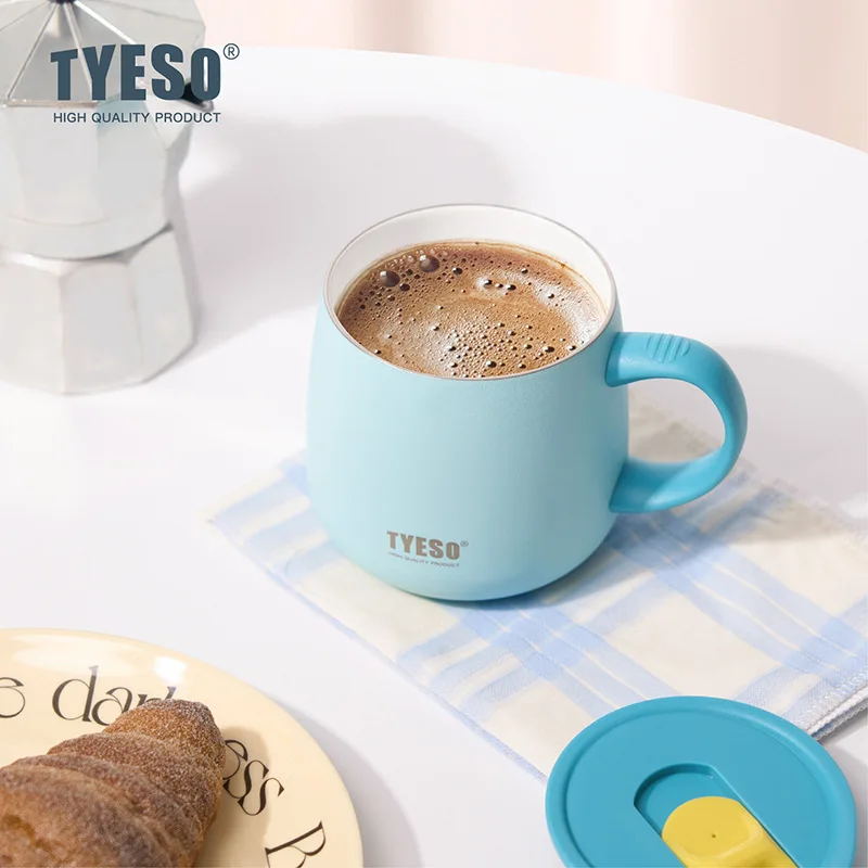 ספל קפה מבודד בוואקום TYESO 355ml, נירוסטה עם ציפוי קרמי, עם ידית ומכסה, לבית ולמשרד, לכוסות שתייה חמות וקרה