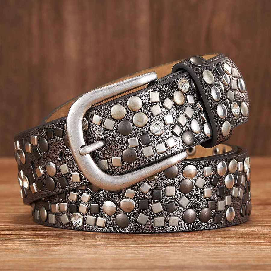 WedDecor Western Cowboy Belt - Black PU Leather, 25mm Wide, Vintage Gunmetal Buckle, 2 Row Rivets