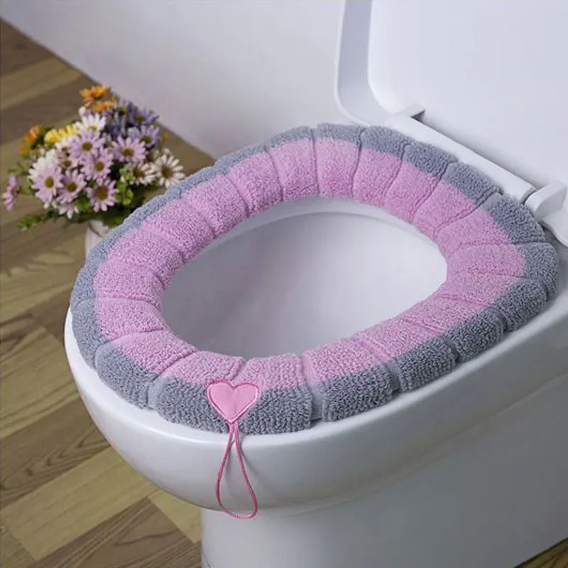 Winter Warm Toilet Seat Cover Washable Bathroom Toilet Seat with Handle Thickened Soft Cushion Knitted Warm Toilet Seat