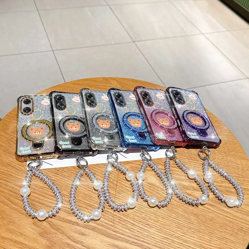 Pearl Strap Glitter Cute Bear Phone Holder Case