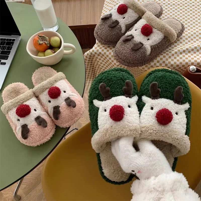 Winter Cute Deer Furry Slippers Girls Warm Slides For Christmas Gifts Adults Indoor Plush Sandals Couples Outdoor Cotton Shoes