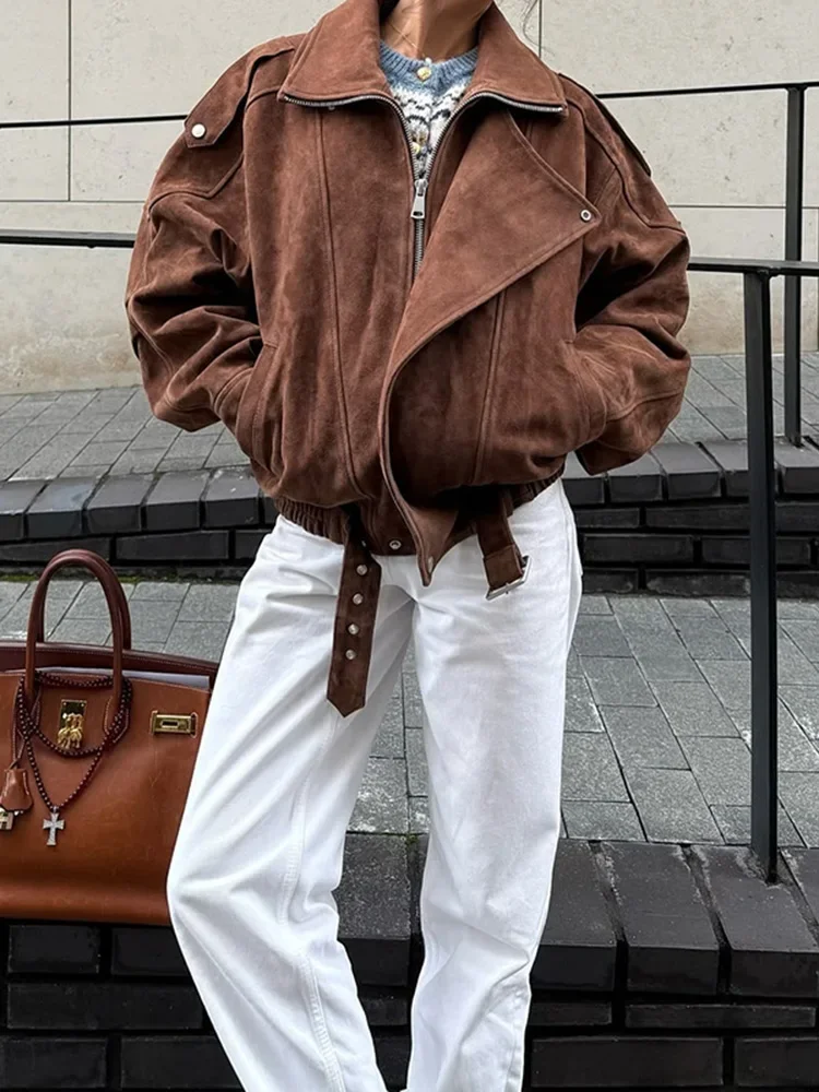 Description Picture 6 of itemChic Brown Faux Suede Cropped Casual Coat Vintage Lapel Solid Zipper Short Jacket 2025 Woman New Padded Shoulder Jackets