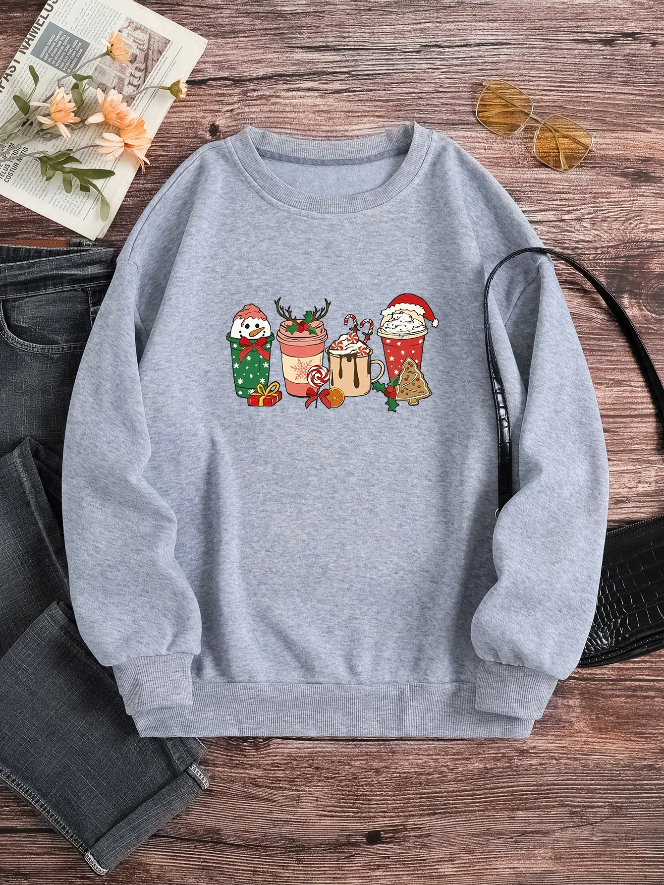 Women's New Fashion Casual Christmas Print Sweatshirt Autumn and Winter Back Wrap Collar Round Neck Sweater Loose Fit Pullover