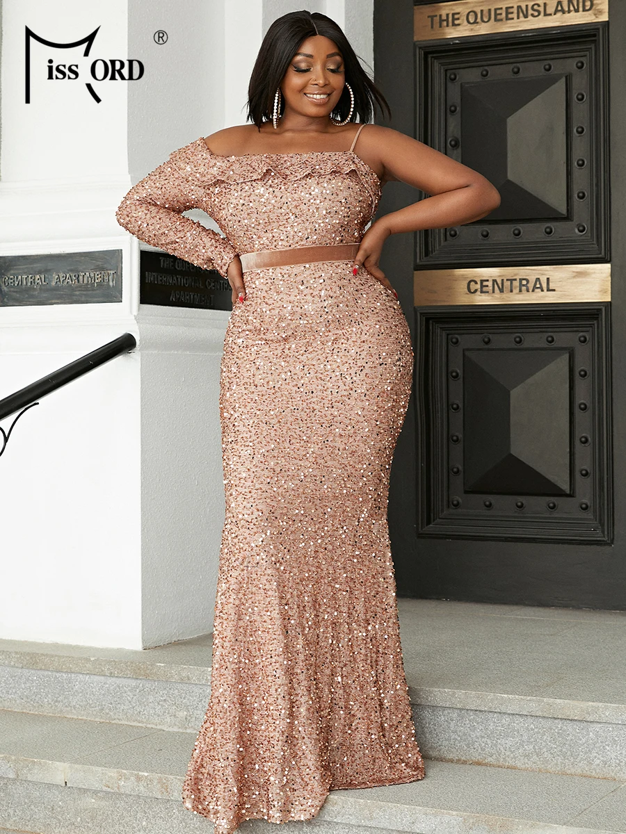

Missord Plus Size Sequin Evening Dress Elegant Women One Shoulder Long Sleeve Belted Bodycon Maxi Party Prom Formal Dresses Gown