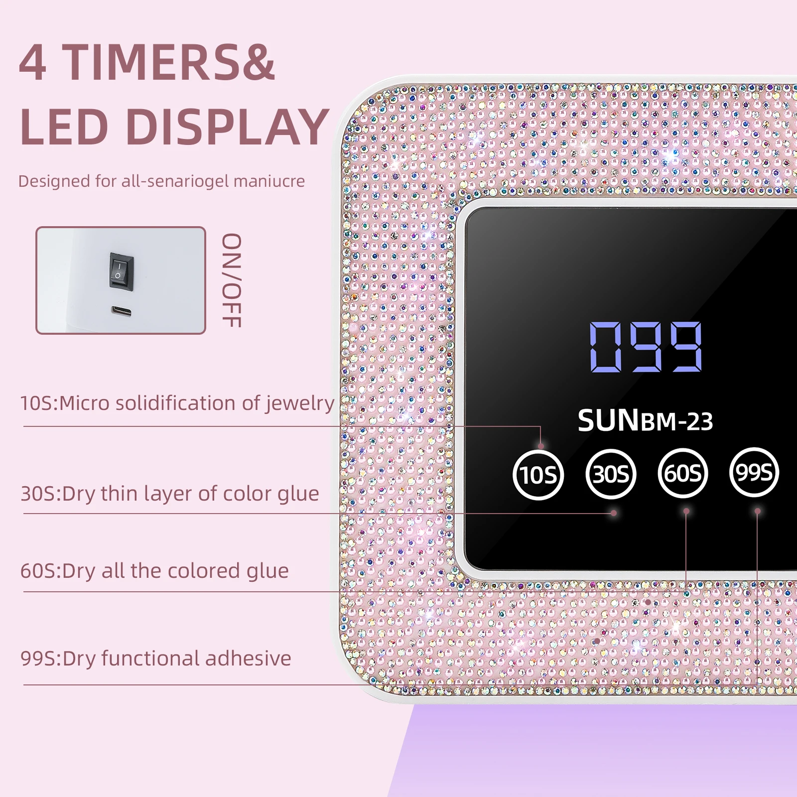 BM-23 UV LED 네일 아트 램프, 21개 비즈 USB 전원 네일 아트 건조기 (라인스톤 장식 포함), LCD 터치 스크린 젤 네일 아트 램프