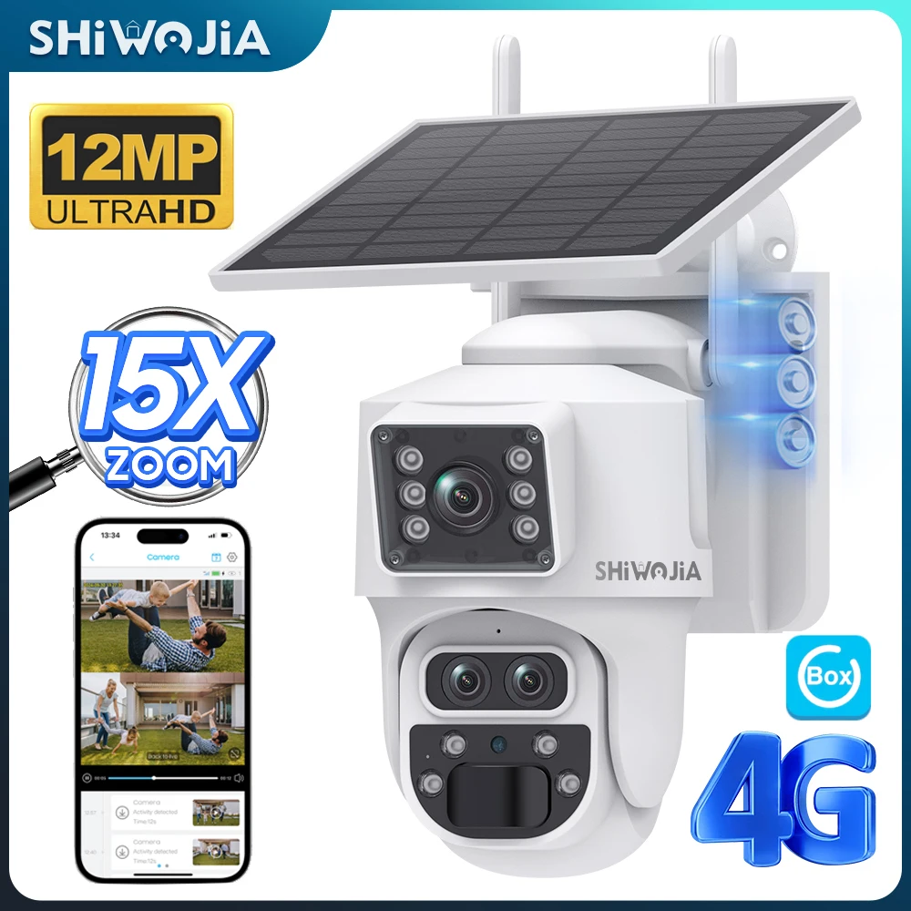 IP Camera WiFi Camera Surveillance Camera WiFi IP Camera Solar Security Camera Solar Camera SHIWOJIA 6K 12MP 15X ZOOM Solar Camera 4G SIM /WIFI three Lens Recording Dual Screen Human Auto Tracking Color Night Vision UBox