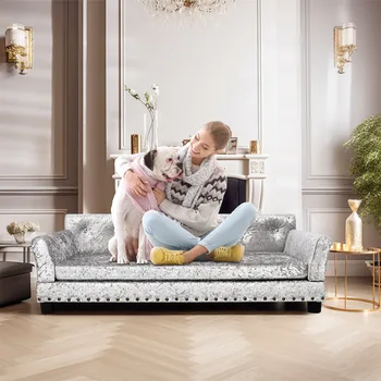 BingoPaw Large Dog Sofa Bed Deluxe Tufted Elevated Jumbo Dog Couch Bed Made Velvet - Pet Giant Snuggle Sofa Lounger Memory Foam 2