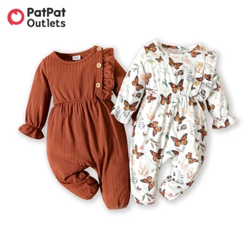 PatPat Baby Girl Long-sleeve Jumpsuit Baby Romper Spring and Summer Baby Girls Newborn Clothings Brown/White Butterfly Ruffle 1