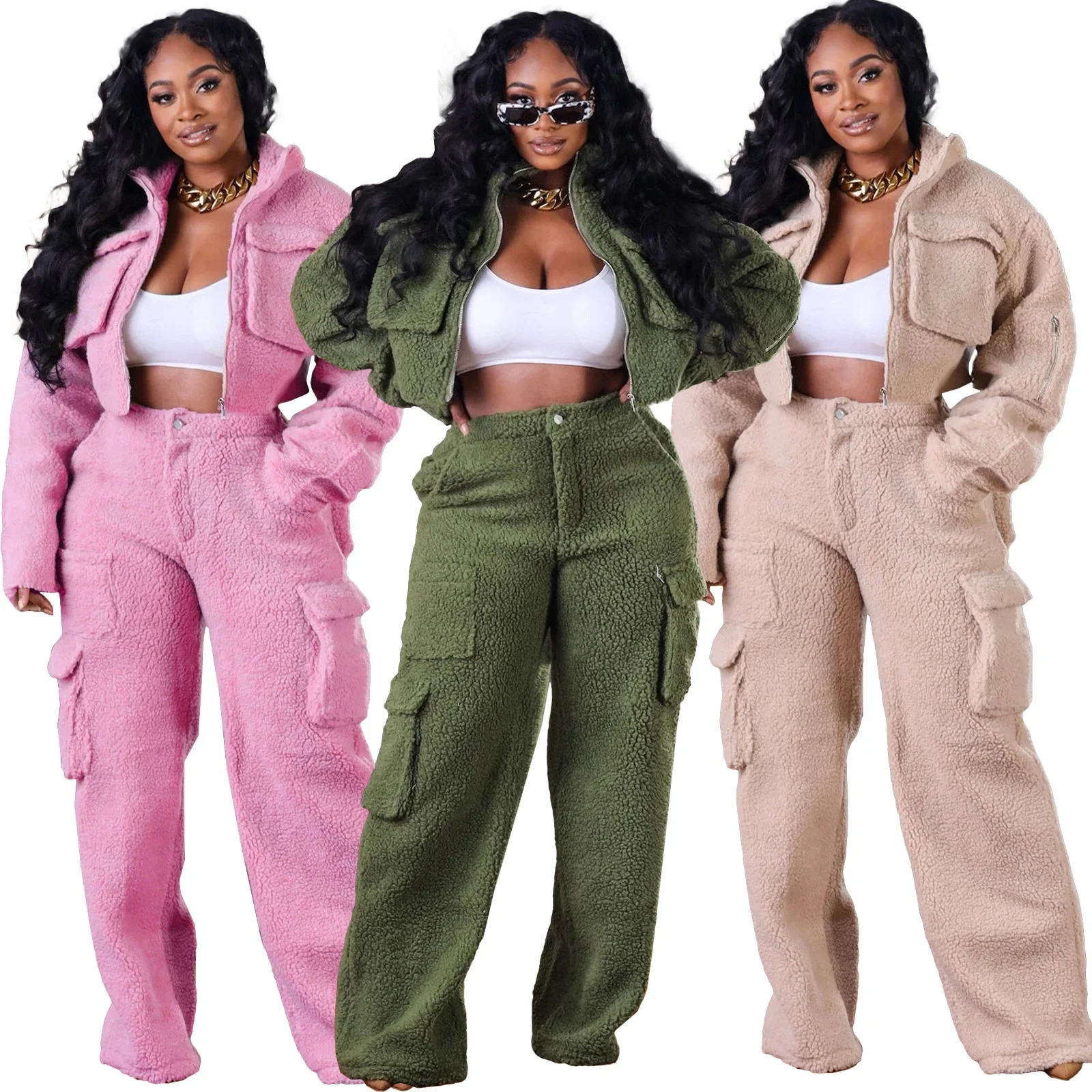 

Winter Women Clothes Two Piece Sets Outfit Thick Fur Baggy Pockets Streetwear Casual Solid Color Zipper Jacket Cargo Pants Suits