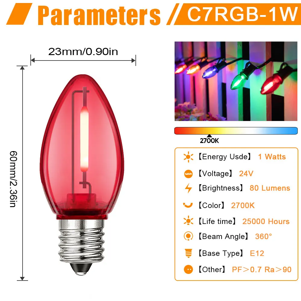12-Pack Red C-7 Light Bulbs – 4W Night Light String Replacements, Indoor/Outdoor Use