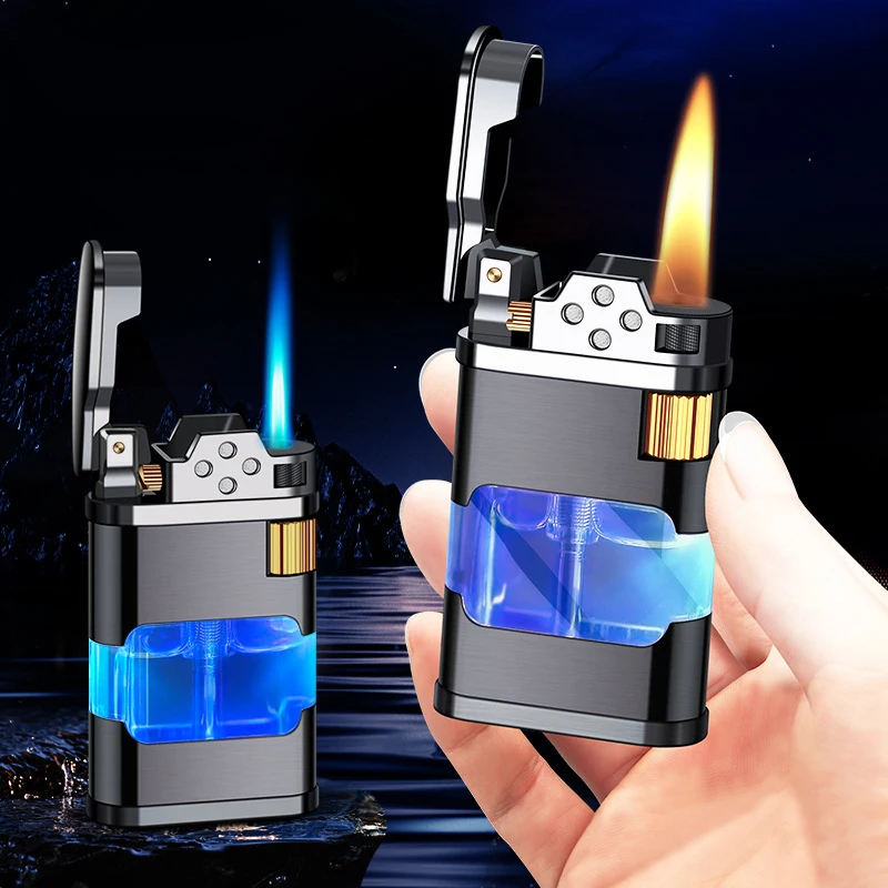 

Metal Torch Gas Cigar Lighter Straight Open Flame Transparent Fuel Tank Lighter Windproof Butane Cigarette Accessorie Men's Gift