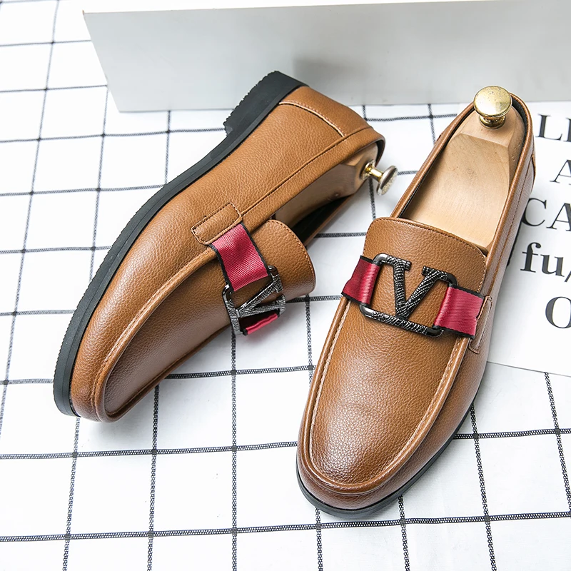 New Black Loafers Men Pu Leather Shoes Business Brown Breathable Slip-On Solid Shoes Handmade  Size 38-48