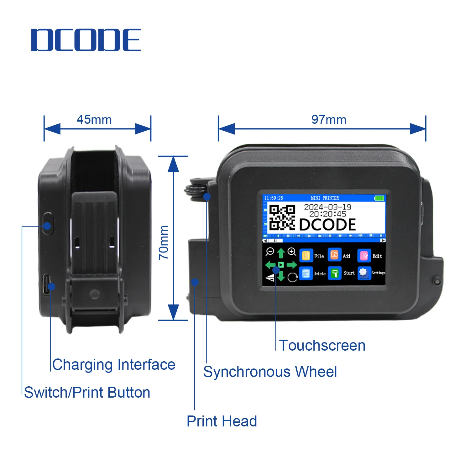 DCODE XMINI 휴대용 미니 휴대용 열전사 잉크젯 프린터, 편리한 텍스트 QR 바코드 배치 번호 이미지 로고 날짜 라벨 코더, 12.7mm