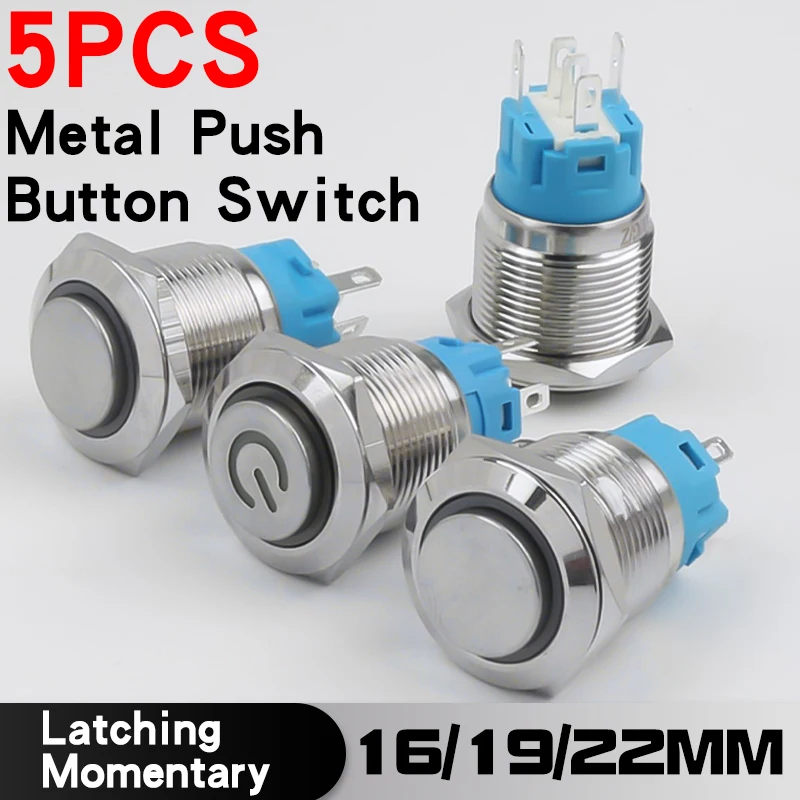 금속 단추 하이 헤드 스위치, LED 포함 5 핀, 1NO1NC 순간 래칭 방수 단추, 12V, 24V, 220V, 16mm, 19mm, 2..