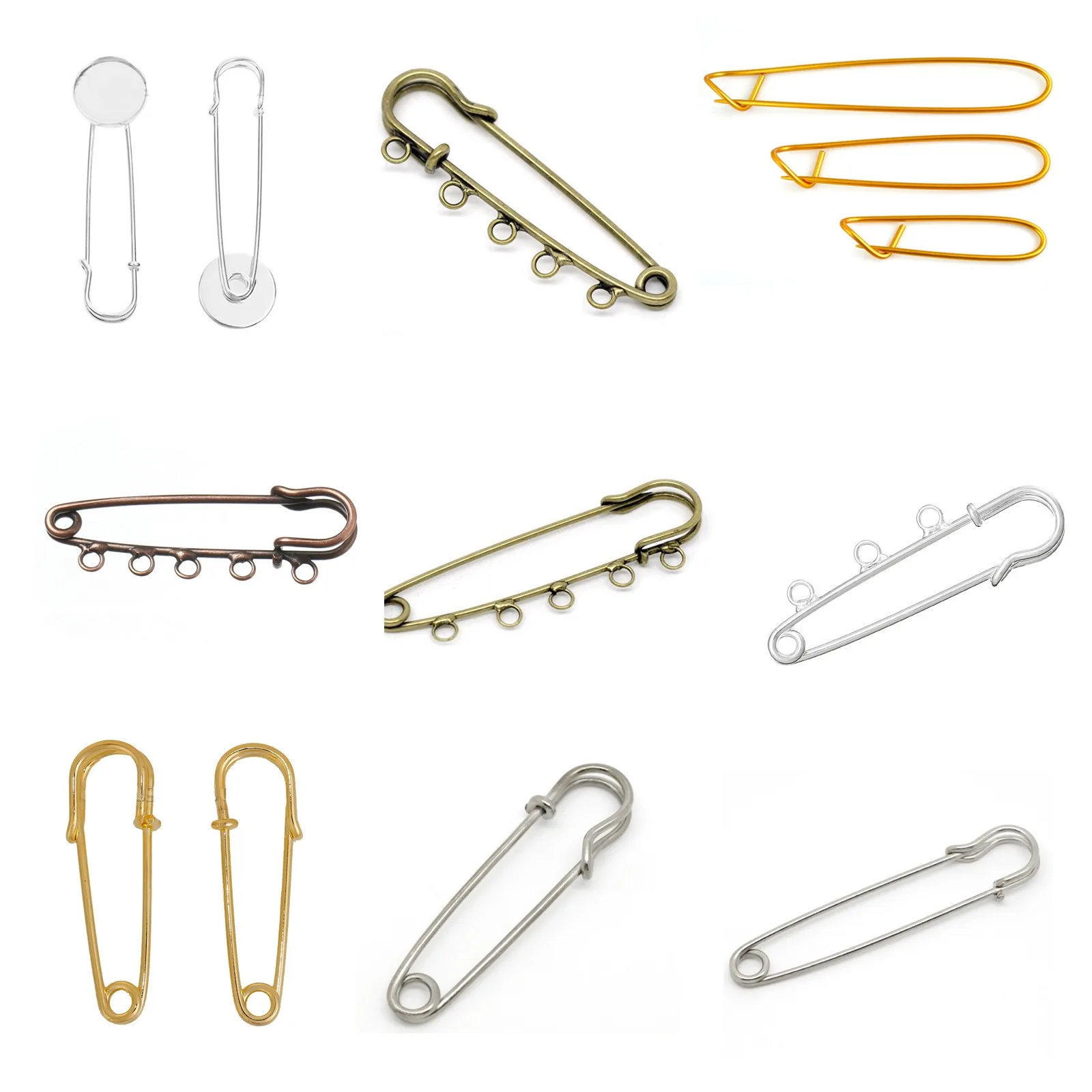 517F 10Pieces/set Iron Safety Pins Gold Silver 5-Holes Brooch Pins Sweater  Shawl Clips Kilt Needles for DIY Crafts Jewelry