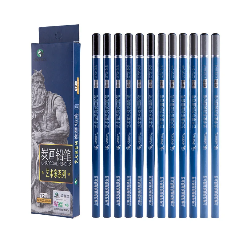 Marie's Artist Sketch Charcoal Pencils Set C7310 Soft Medium Hard 12 Pcs Graphite Charcoal Sketch Pencil Drawing Art Supplies