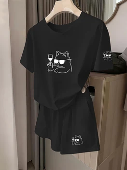 Trendy and Quirky Style, Cool Cat Line Art Print Short-Sleeve Set for Women, Loose Fit, Slimming, Stylish Casual Fashion Versatile T-Shirt and Shorts Two-Piece Set, Everyday Street Style Outfit, Women's Clothing 1