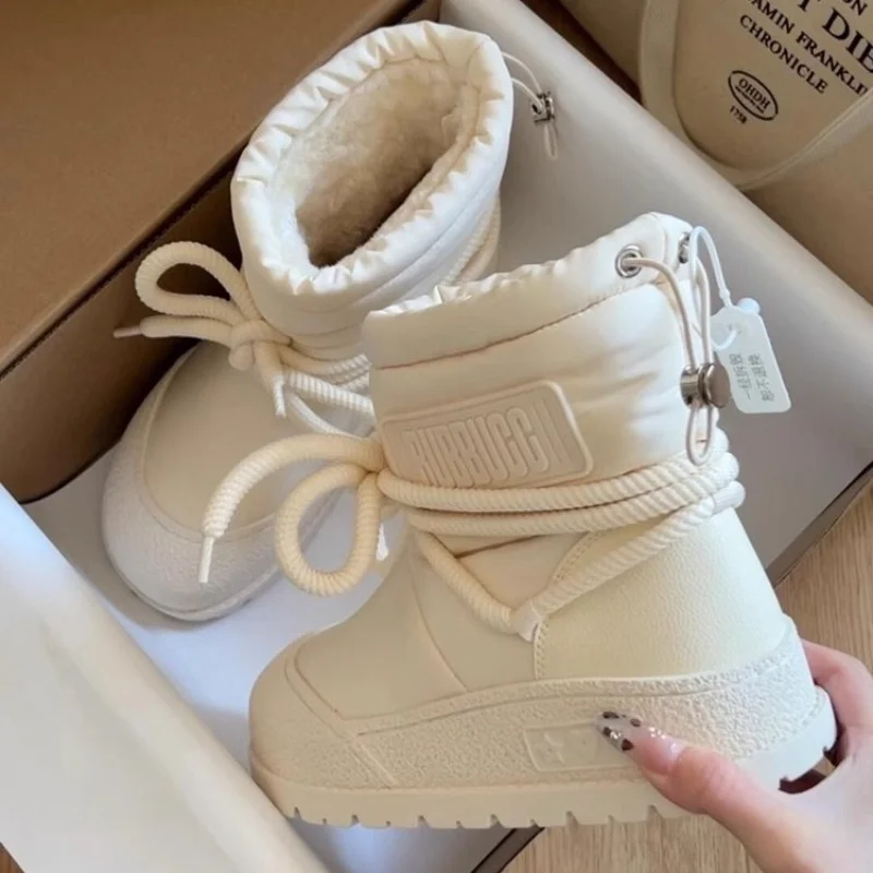 Winter Snow Boots Women Boots Luxury Fluffy Furry Fuzzy Faux Fur Boots Winter Lace-up Waterproof Ski Boots