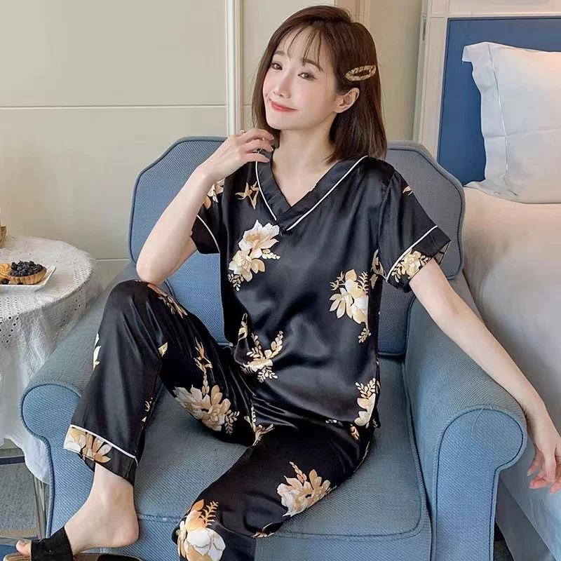 Spring and summer Ice silk pajamas women's short sleeved trousers home wear 2024 new large print casual lovely sweet suit