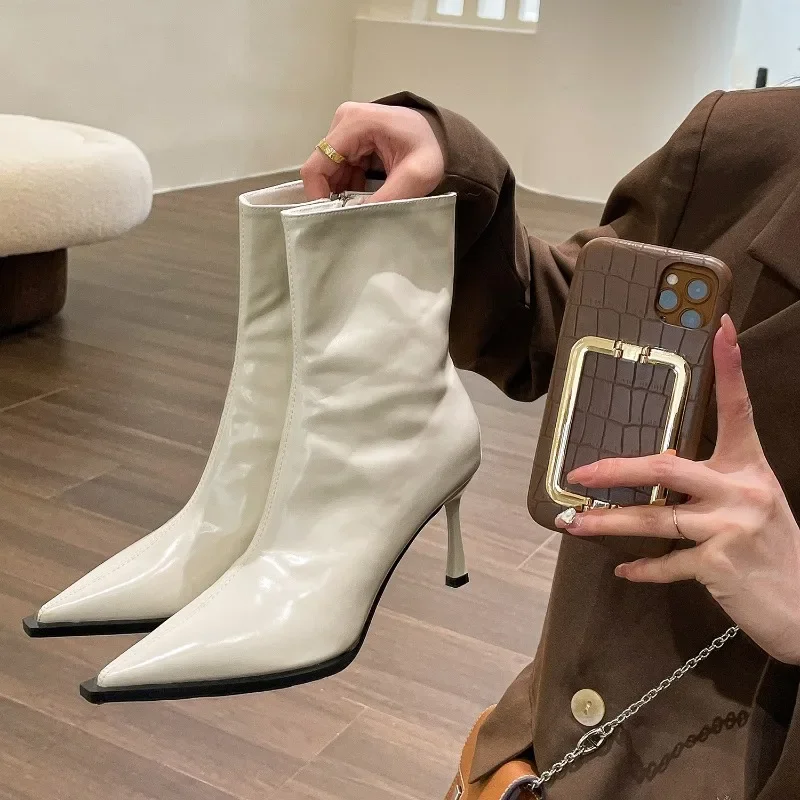 

Sexy Pointed Toe High Heels Boots for Women 2024 New Autumn Zip Patent Leather Ankle Boots Female Elegant Thin Heels Party Shoes