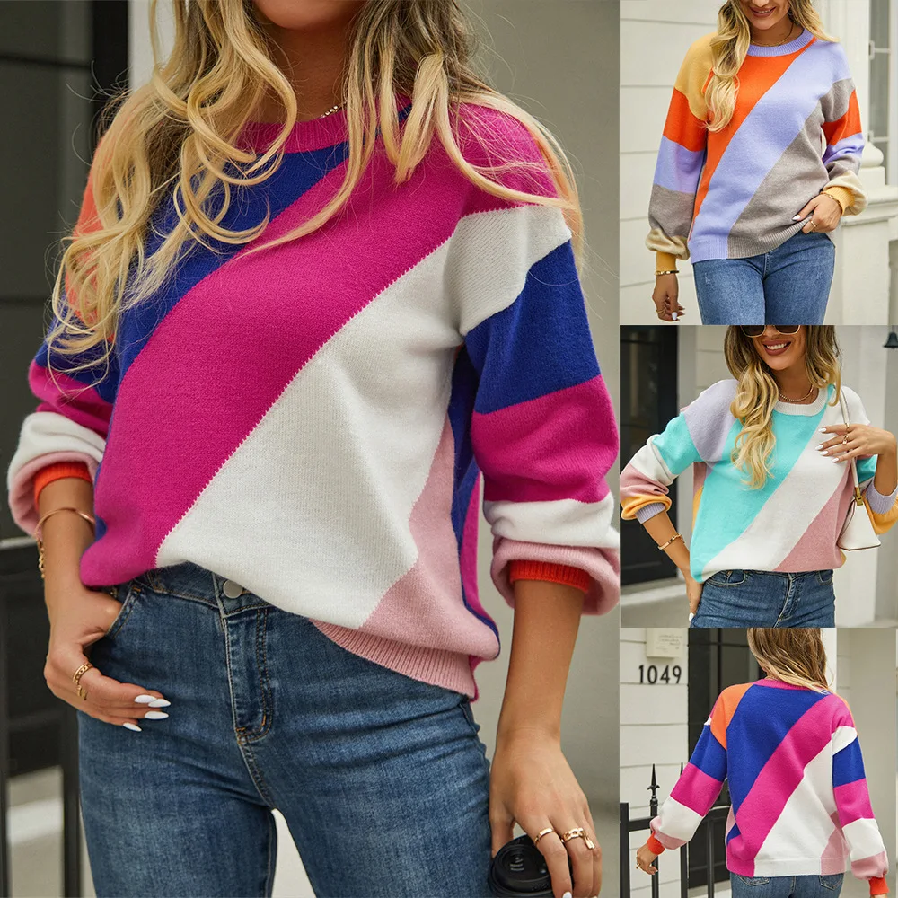 

Fashion Oversized Stripe Stitching Pullovers Women Sweater Tops Autumn Winter Warm Ladys Pullover Knit Women Sweater Jumper