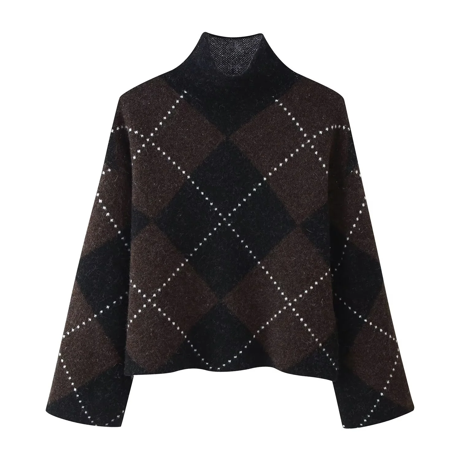 Women Retro Diamond Patterned Knitt Skirt Set Or Female High Necked Long Sleeved Pullover Sweater Or Lady Mini Skirt Streetwear