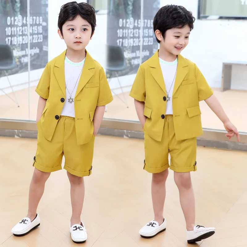 Children&s Summer Solid Color Suit Set Korean Handsome Boys Party Performance Costume Kids Short Sleeve Blazer Shorts 2-14t