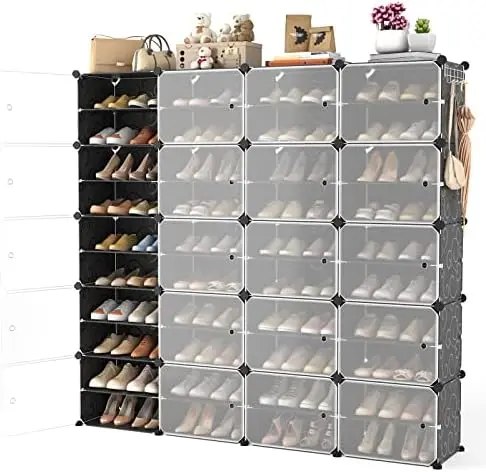 

Shoe Organizer with Door, 96 Pairs Shoe Storage Cabinet Easy Assembly, Plastic Adjustable Shoe Storage Organizer Stackable Deta