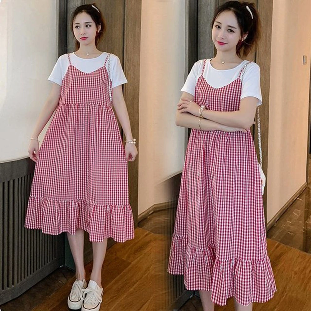 

New Fake Two Pieces Maternity Clothings 2023 Summer Pregnancy Dress Wear Loose Casual Women Pregnant Gowns Red Plaid Dresses