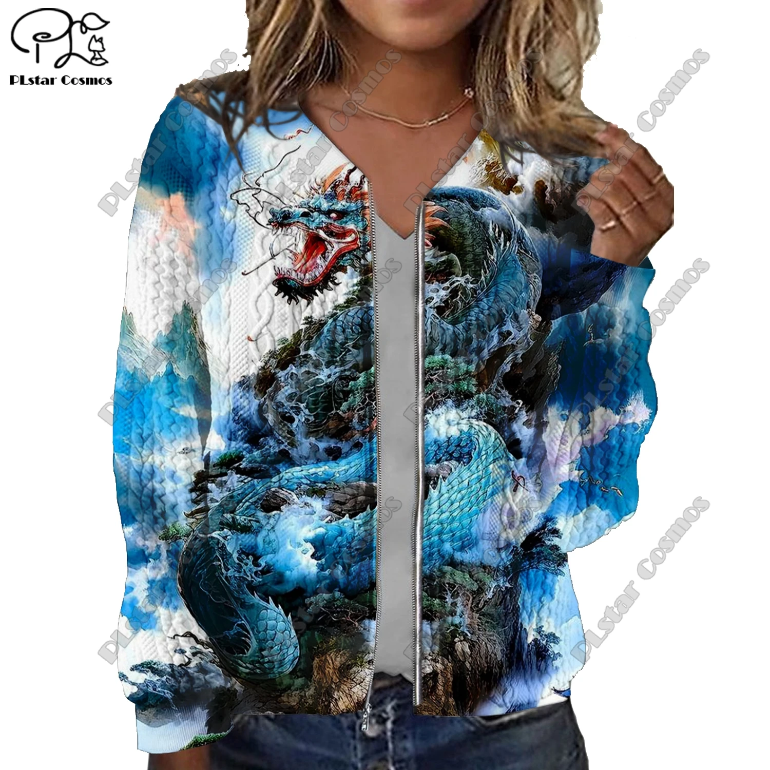 New 3D printed animal series dragon and phoenix pattern printed women's jacket threaded texture casual authentic short coat LF-3