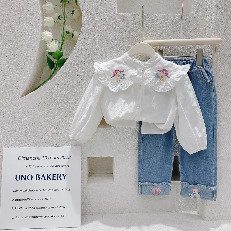 

Toddler Girls Set Autumn Spring Korean Outfits Long Sleeve Embroidered Tops+Denim Jeans Suits for Girls Fashion Clothing Sets
