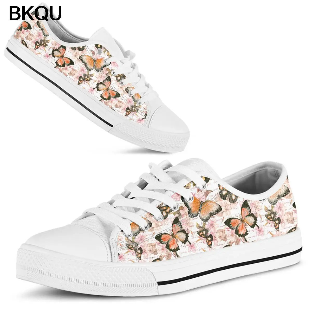 

BKQU Women Pixel Butterfly Casual Shoes White Low Top Canvas Shoe For Girl Breathable Lightweight Sneaker