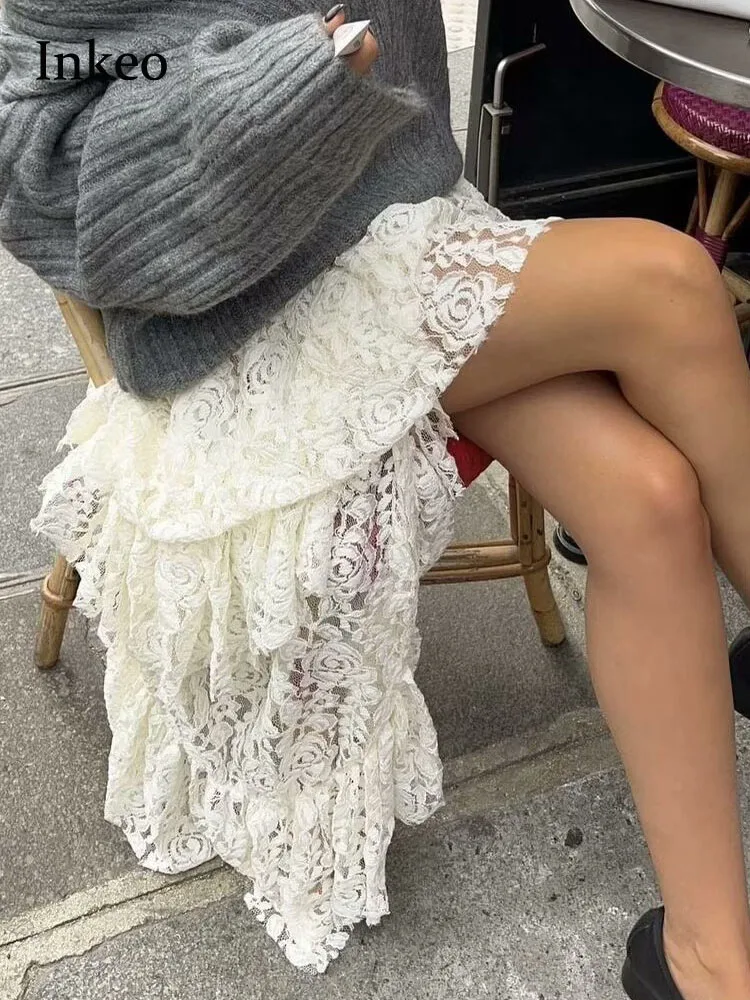 

Женская кружевная Асимметричная юбка в стиле High street Y2K, летняя юбка с высокой талией, Просвечивающая винтажная юбка абрикосового цвета, INKEO 4B005, 2024