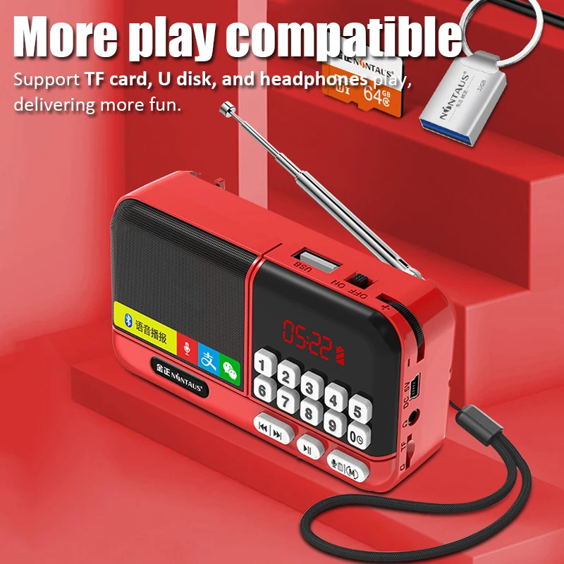Mini Radio Portable FM Receirver Wireless Bluetooth Speaker TF Card/USB/Headphone Music Player Recorder with LED Digital Display