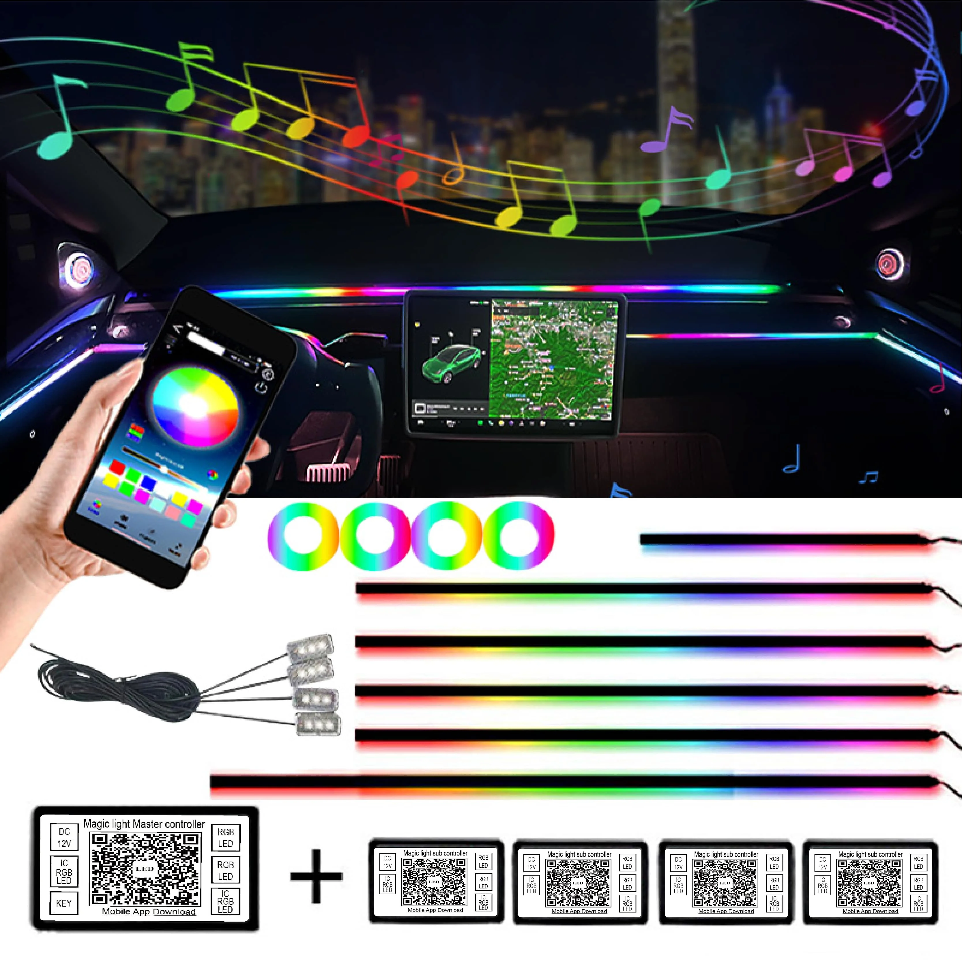 

18 in 1 Easy to install Car Ambient Decorative Light RGB 64 Color Interior Decoration Acrylic Strip Light App Bluetooth Control