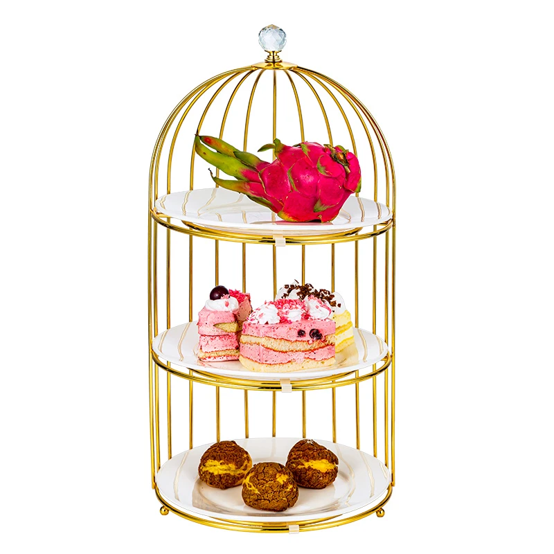 

Creative dessert table display stand ceramic three-layer cupcake tray bird cage shape cake topper afternoon tea snack rack
