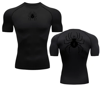 Spider Print Compression Shirts for Men Gym Workout Fitness Undershirts Short Sleeve Quick Dry Athletic T-Shirt Tops Sportswear 1