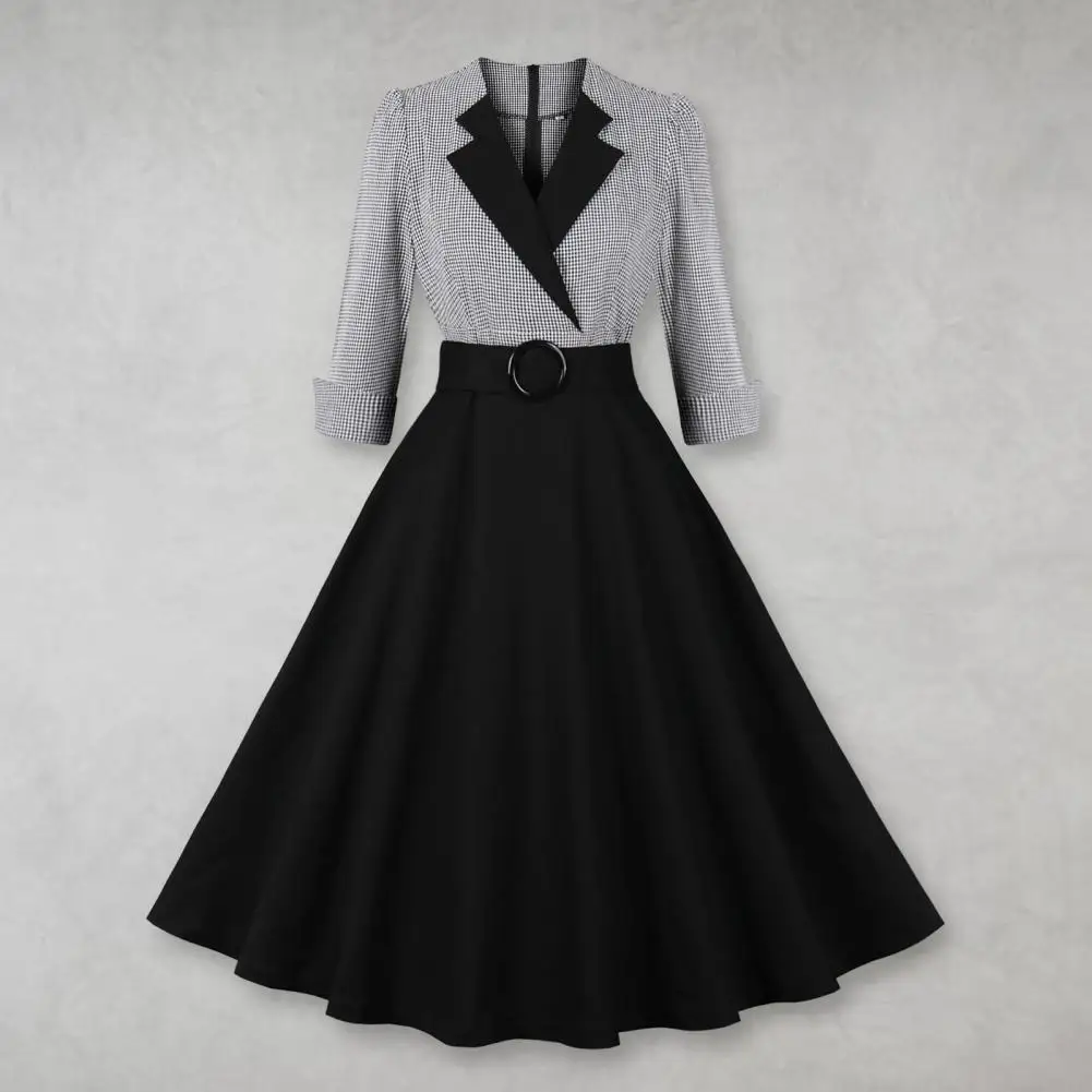 

Retro Midi Dress Plaid Print Belted A-line Midi Dress with Retro Lapel Color Matching Back Zipper for Women's Prom Party Soft