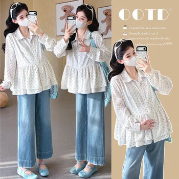 Maternity Shirt Spring Autumn 2026 Sweet Cute Loose Comfortable Polka Dot Ruffle Hem Blouse For Pregnant Women Casual Versatile