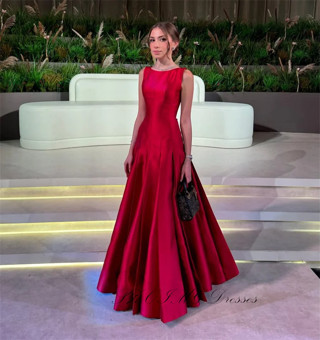 

OIMG Exquisite Boat Neck A-Line Prom Dresses Saudi Arabic Women Satin Sleeveless Evening Gowns Occasion Formal Party Dress