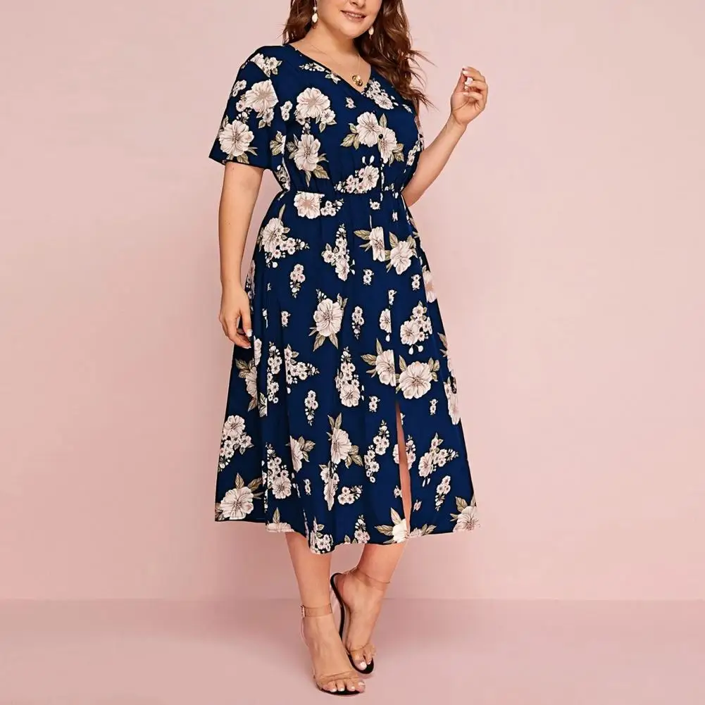 Women Midi Dress Large Hem Flower Printed Loose Split Short Sleeve Dress-up V Neck Tight Waist Plus Size Lady Dress Female Cloth