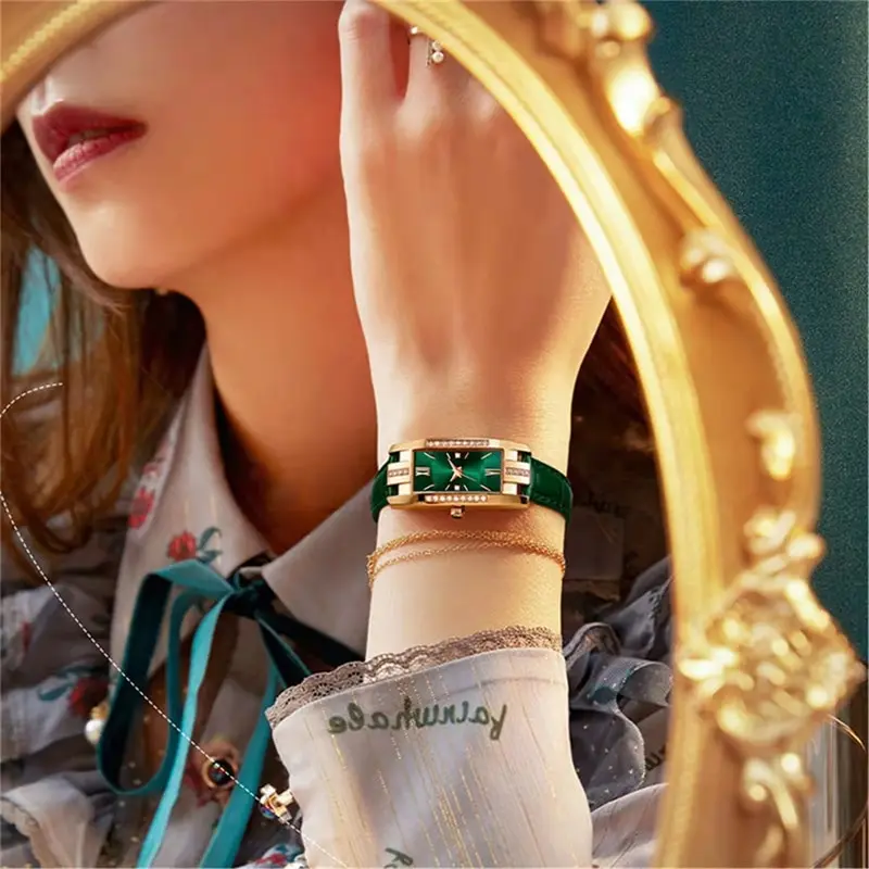 Womens Watch Fashion Square Ladies Quartz Watch Bracelet Set Green Dial Simple Leather